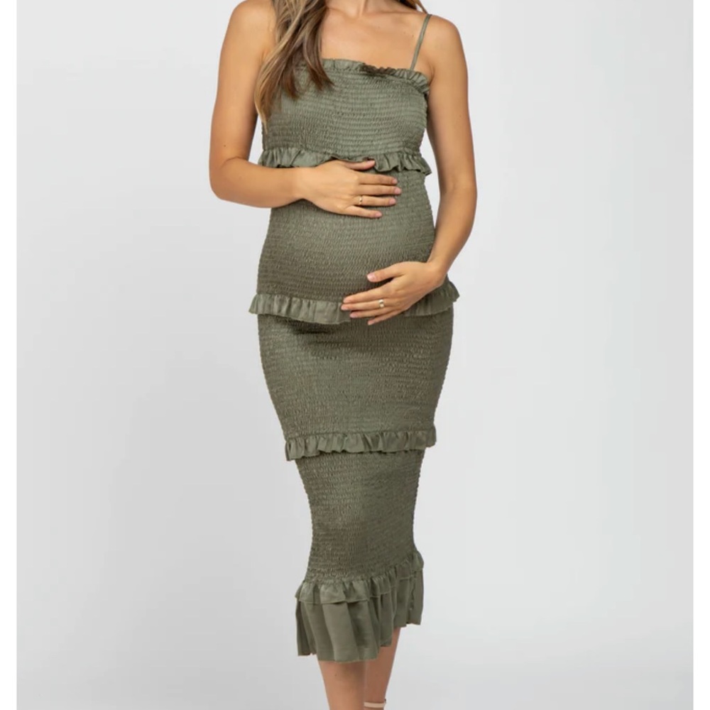 Olive Satin Smocked Fitted Maternity Midi Dress